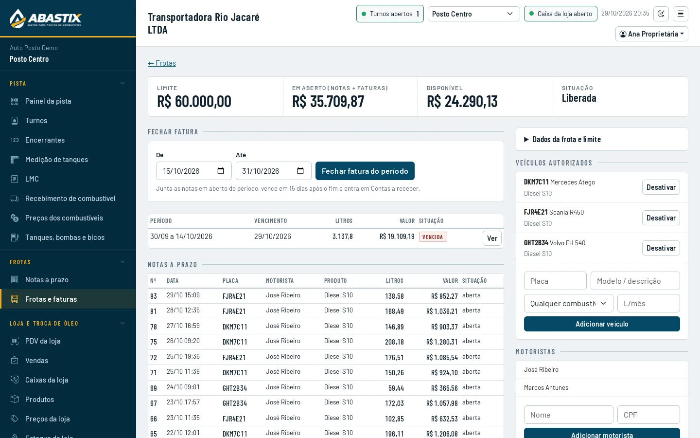 Tela de frotas e clientes a prazo